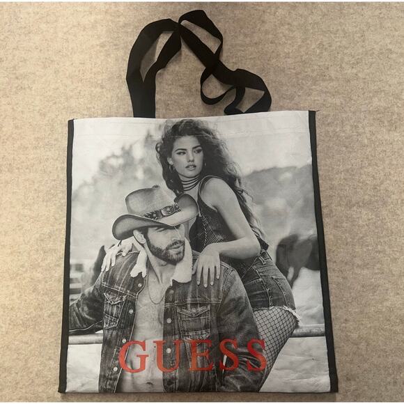 GUESS Reusable Tote Bag Maya Brynne Norman Black White Red Logo 15x15.5x6 - Picture 2 of 7